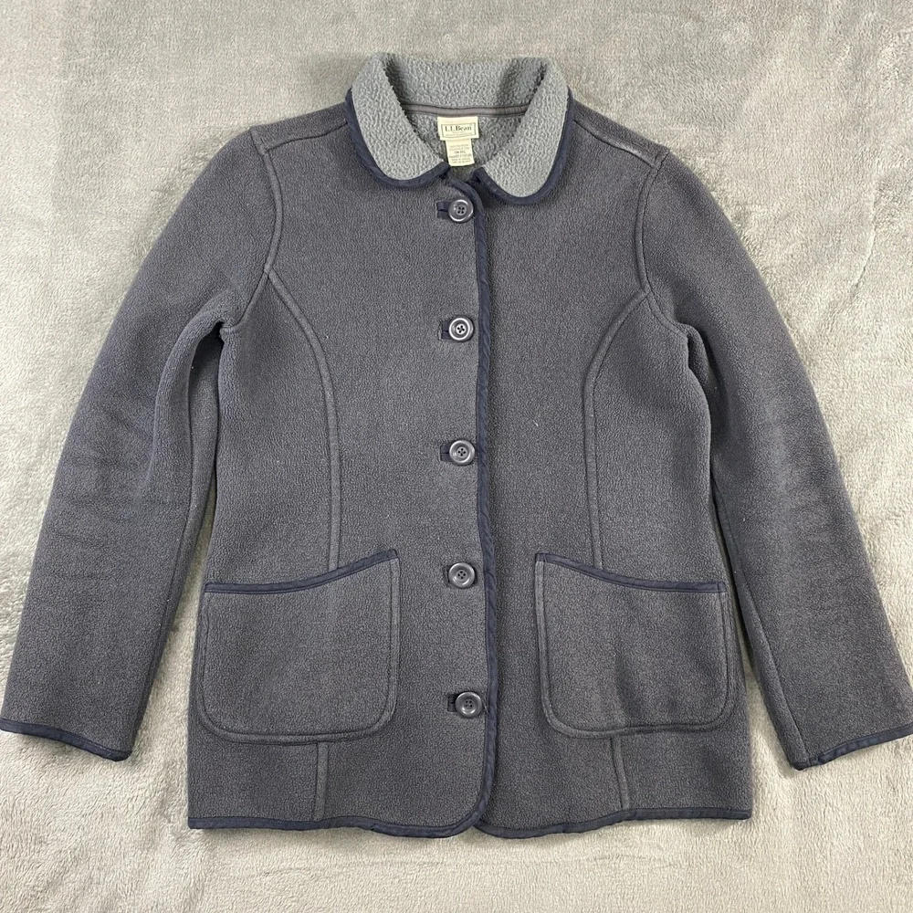 Vtg‎ LL Bean Jacket Womens SM Fleece Peter Pan Collar Pockets Button Front
